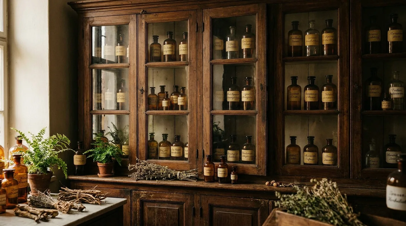 An old pharmacy cabinet in low warm light