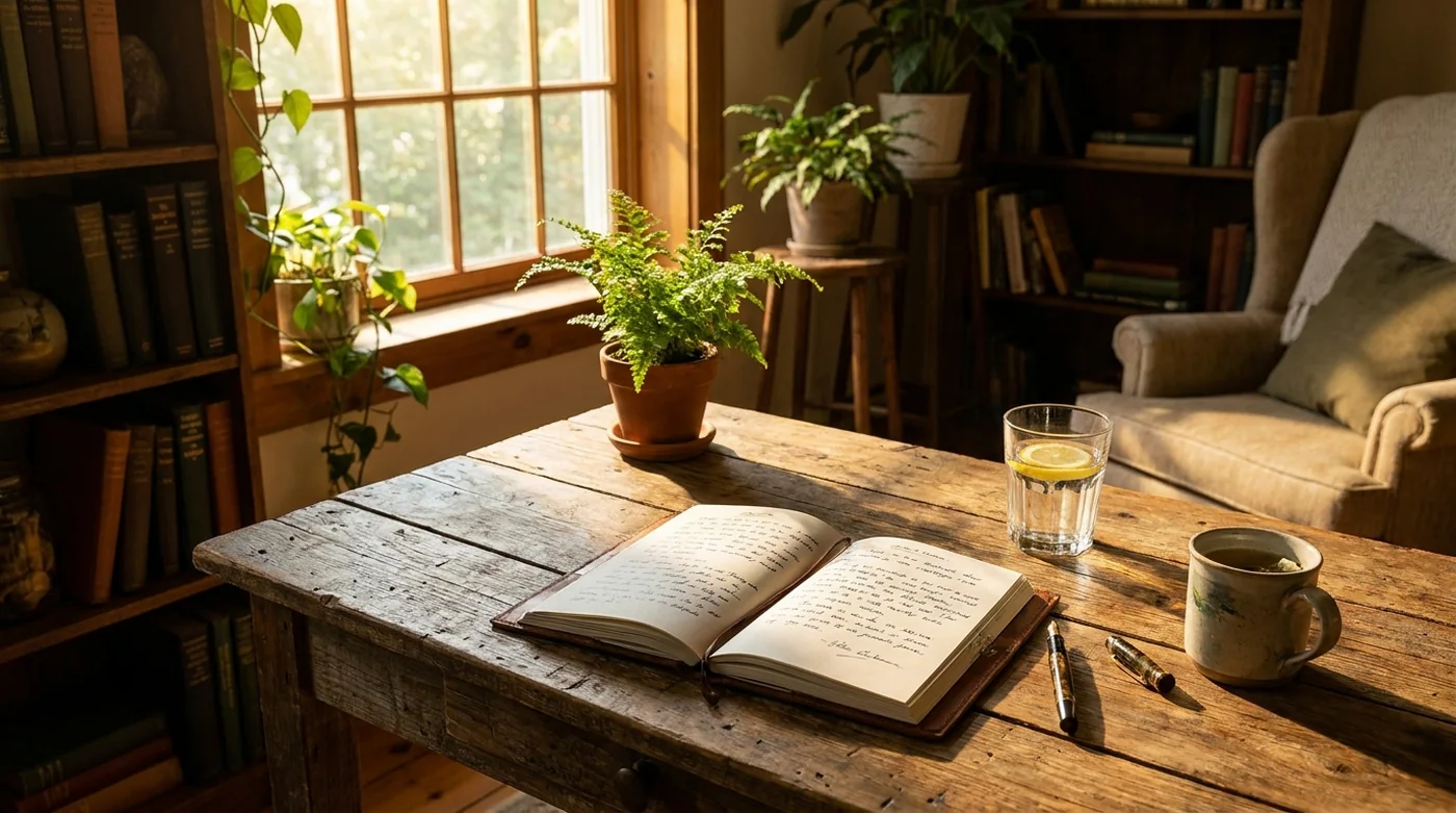Morning light across a desk with an open notebook and a glass of water