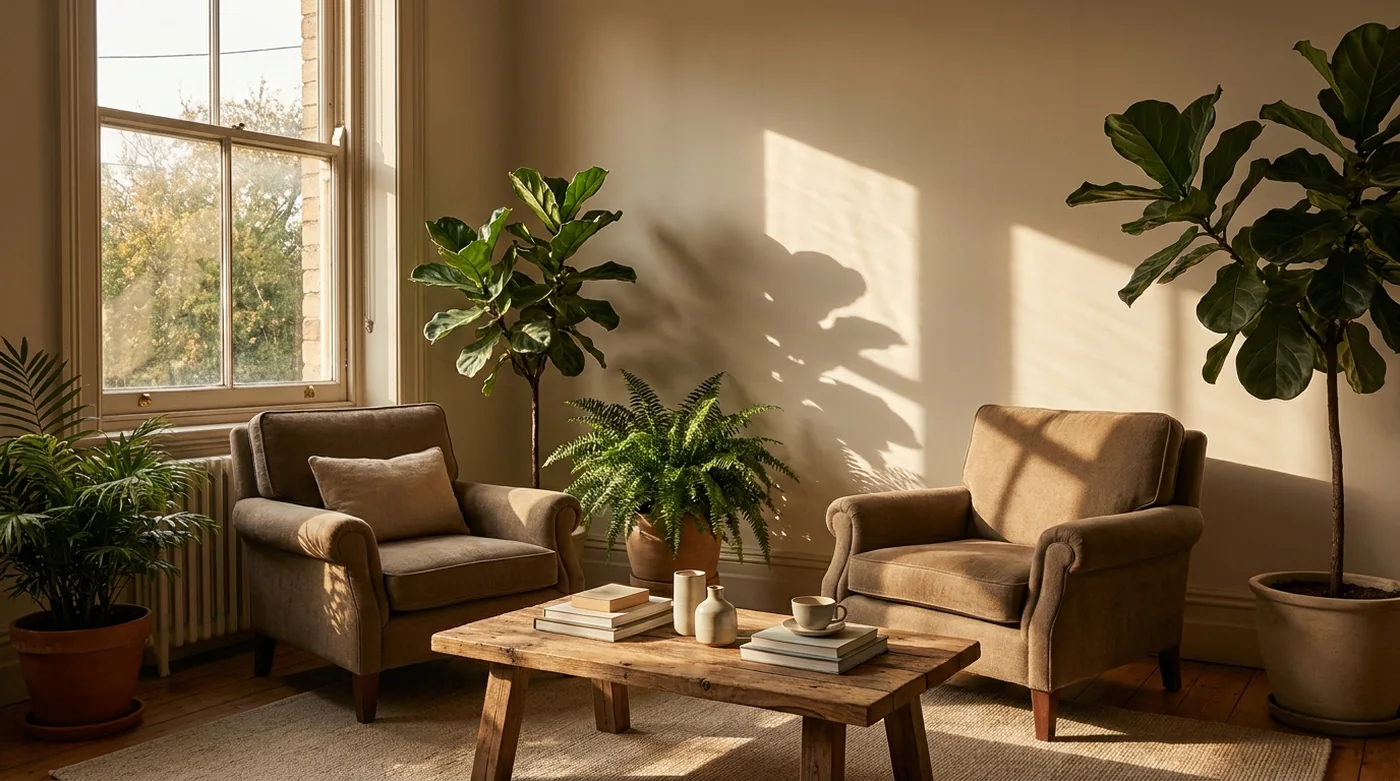 A bright consulting room with two chairs and plants in afternoon light