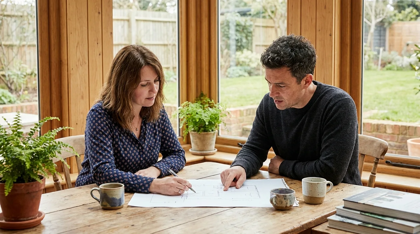 A coach and client in conversation across a table in warm daylight