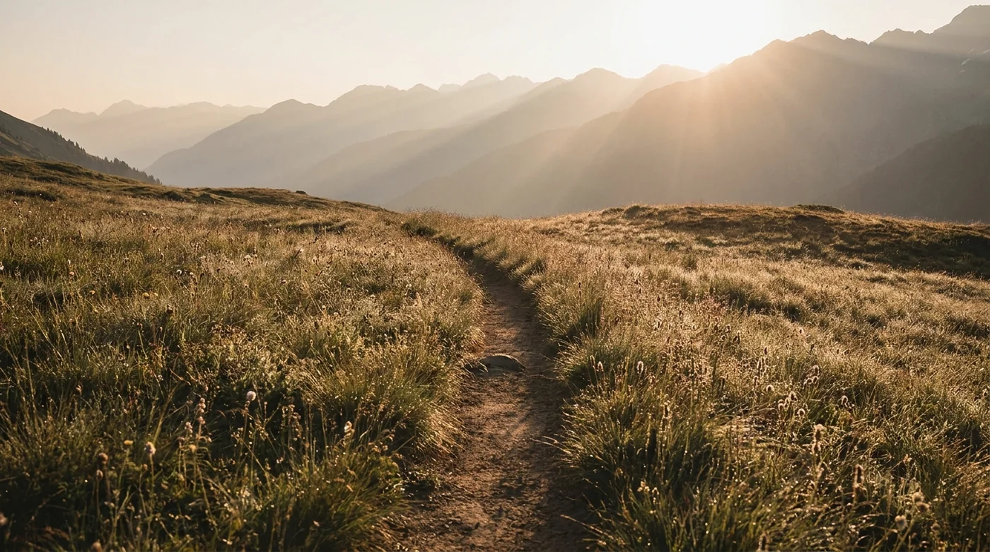 A mountain trail at sunrise with dew on the grass and long light across the ridges