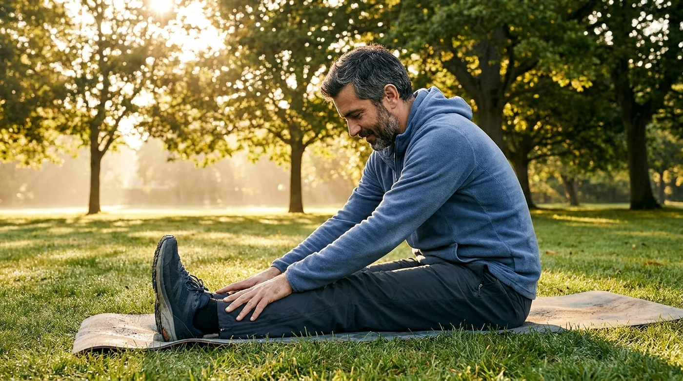 A man stretching on a park lawn in warm early morning light