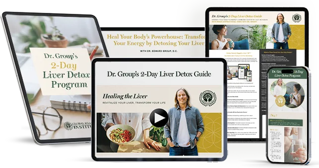 The 2-Day Liver Detox Guide shown on a tablet, laptop and phone, with the bonus instructional video.